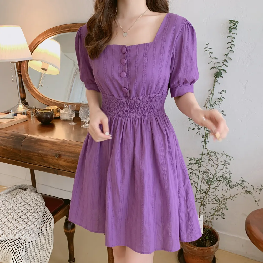 Трапециевидные платья летние женские праздничные свидания милые корейские Япония консервативный Стиль Девушка Дизайн Рубашка-Платье на пуговицах фиолетовый белый