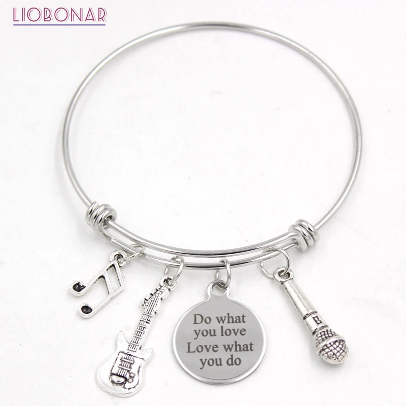 

1PC Stainless Steel Jewelry Adjustable Wire Musician Bangle Music Note Guitar Microphone Charm Bracelet Muscian Gift for women