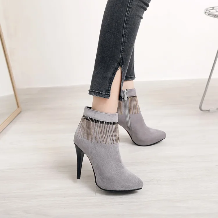 

Big Size 11 12 13 14 15 Ma'am Short boots Pure color Metal decoration Pointed Boot barrel High heel boots