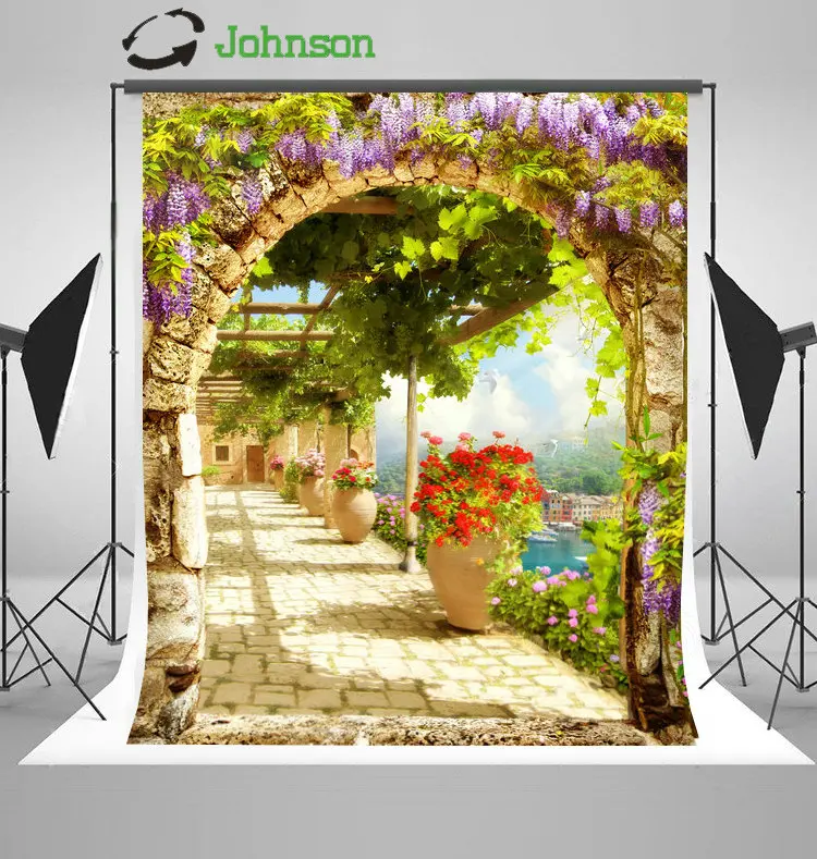 

Arch Column Flower Leaves Garden Outdoor Patio background polyester or Vinyl cloth Computer print wedding backdrop