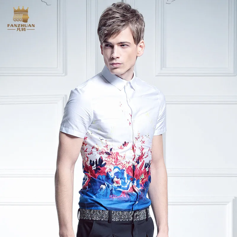 Fanzhuan Бесплатная доставка Новые мужские летние Для мужчин модные повседневные рубашки белый дворец тонкий печатных мужской