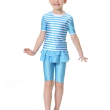 Купальная одежда в полоску Maillot De Bain Islamique, 2 предмета купальник с коротким рукавом, Раздельный женский Мусульманский купальник для девочек