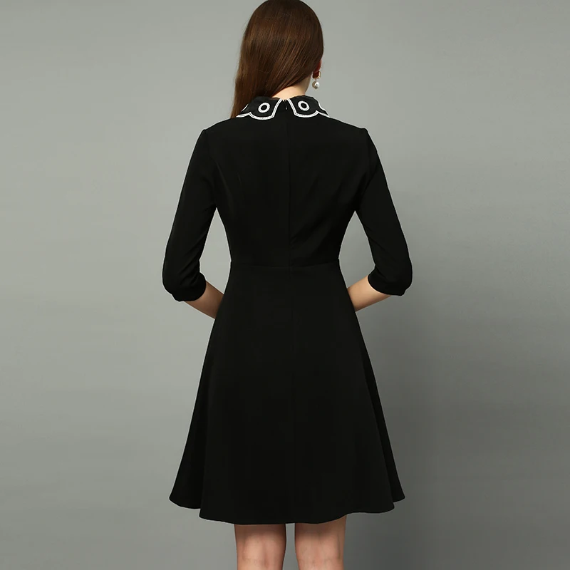 Autumn Pretty Black Dress Women High Quality Elegant Half Sleeve Turn-down Collar Hollow Out Slim Dress