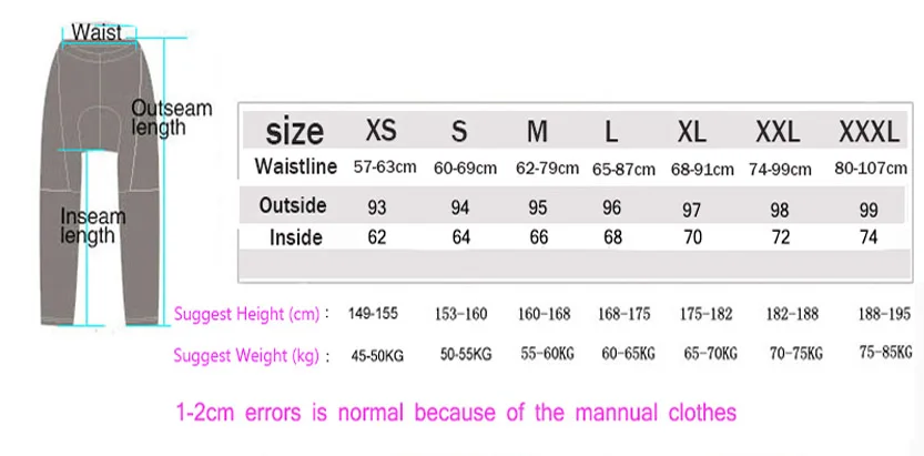 size chart for pants