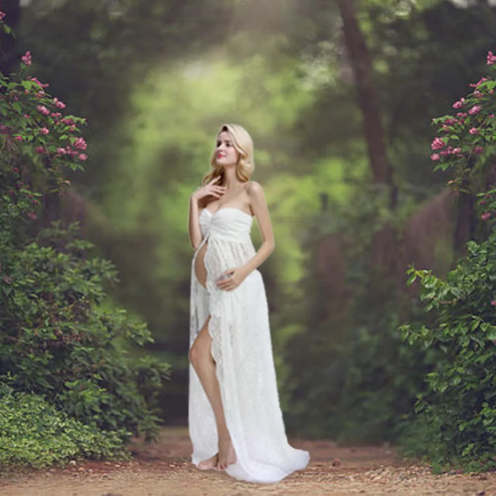 Sleeveless Maternity Dress for Photo Shoot - Maternity Gown with Lace Detailing, Split Front - Maternity Photography Props image 6