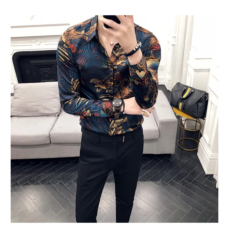 Мужская рубашка Chemise Homme с животным принтом, модная винтажная рубашка для мужчин, Camisa Masculina, облегающая, Клубная, для вечеринки, выпускного