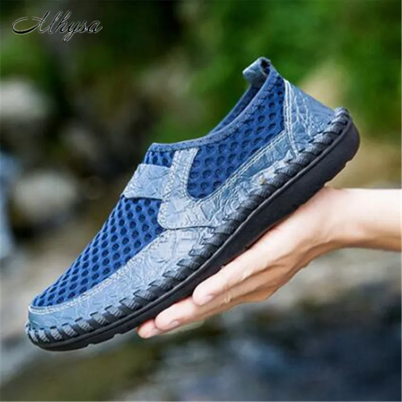 

Mhysa 2019New spring and summer mesh leather crocodile pattern breathable hand stitching men's large size casual mesh shoes M170