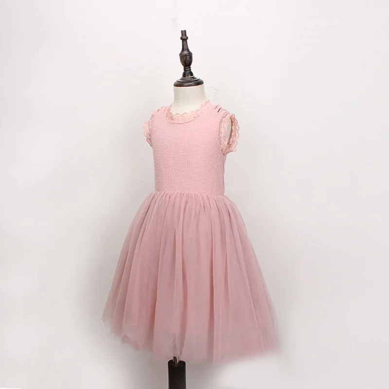 Everweekend Cute Princess Girls Knitted Tulle Tutu Party Dress Lace Neckline Candy Pink White Color Summer Fashion | Детская одежда и