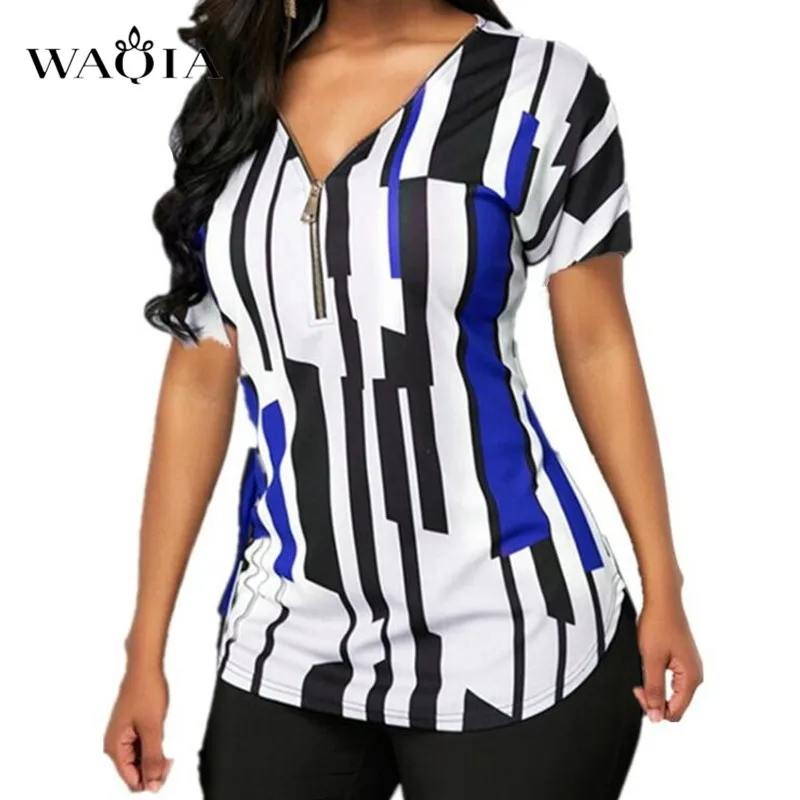 

Summer Women Tops and Blouses Sexy V Neck Striped Printed Zipper Blouse Short Sleeve Patchwork Casual Loose Tee Shirts Plus Size