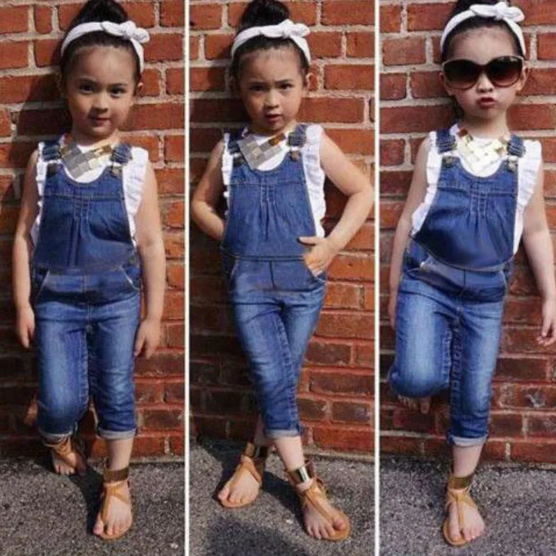 

New Baby Girls Clothes Sets White Sleeveless Top T-Shirt+Denim Jeans overalls Bib 2Pcs/Suit 2018 Summer Fashion