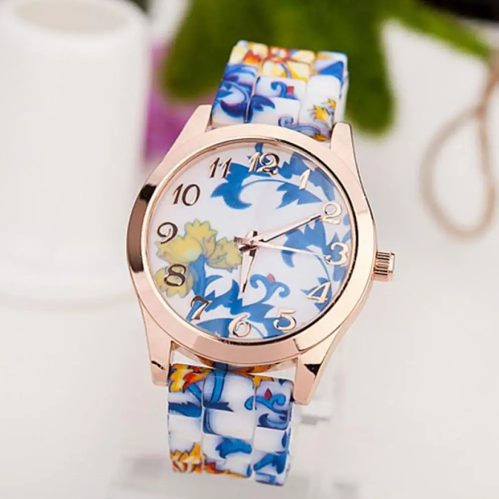 Топ бренд новые роскошные женские часы Reloj с принтом розы силиконовый ремешок Цветочный желе платье часы кварцевые наручные часы подарок - Цвет: B