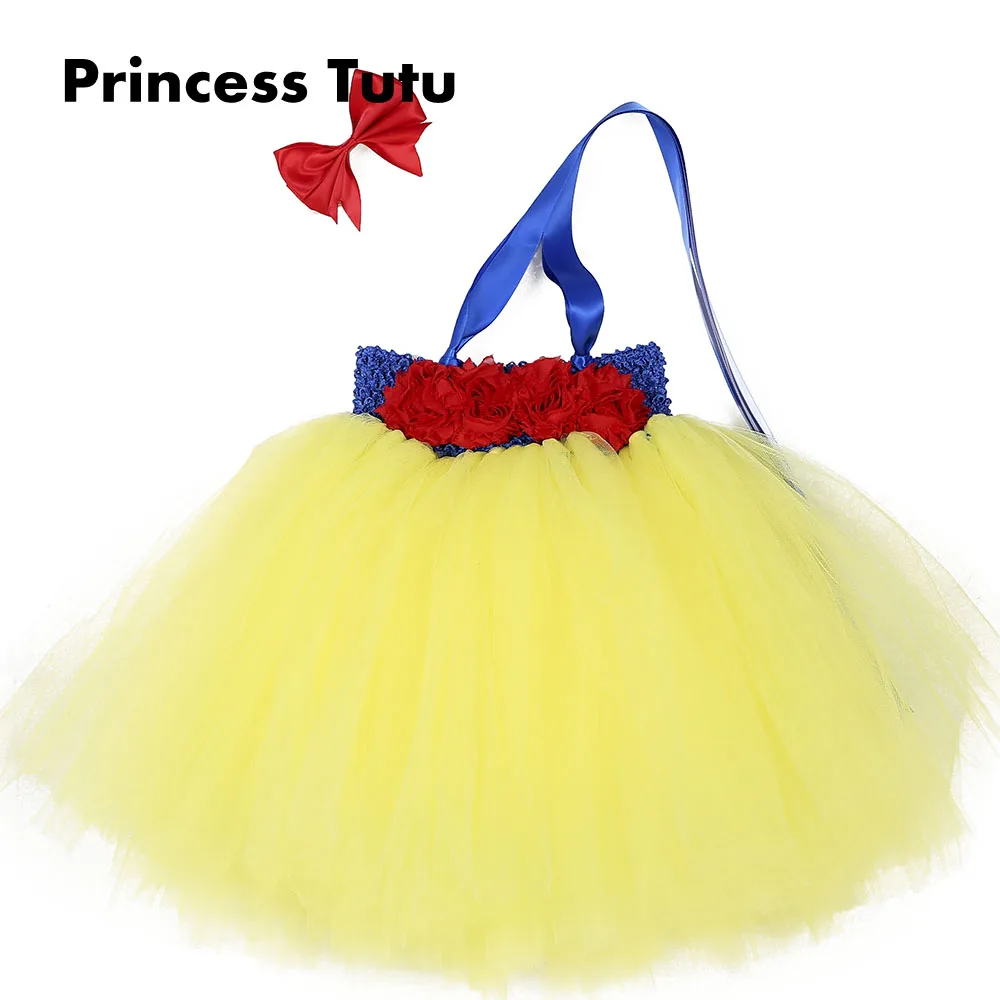 Putri Salju Putih Kuning Biru Tulle Tutu Dress Dengan Red Busur
