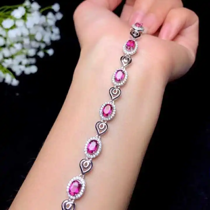  Bracelet en topaze rose naturelle Bracelet en pierres précieuses naturelles 925 bracelet en argent 