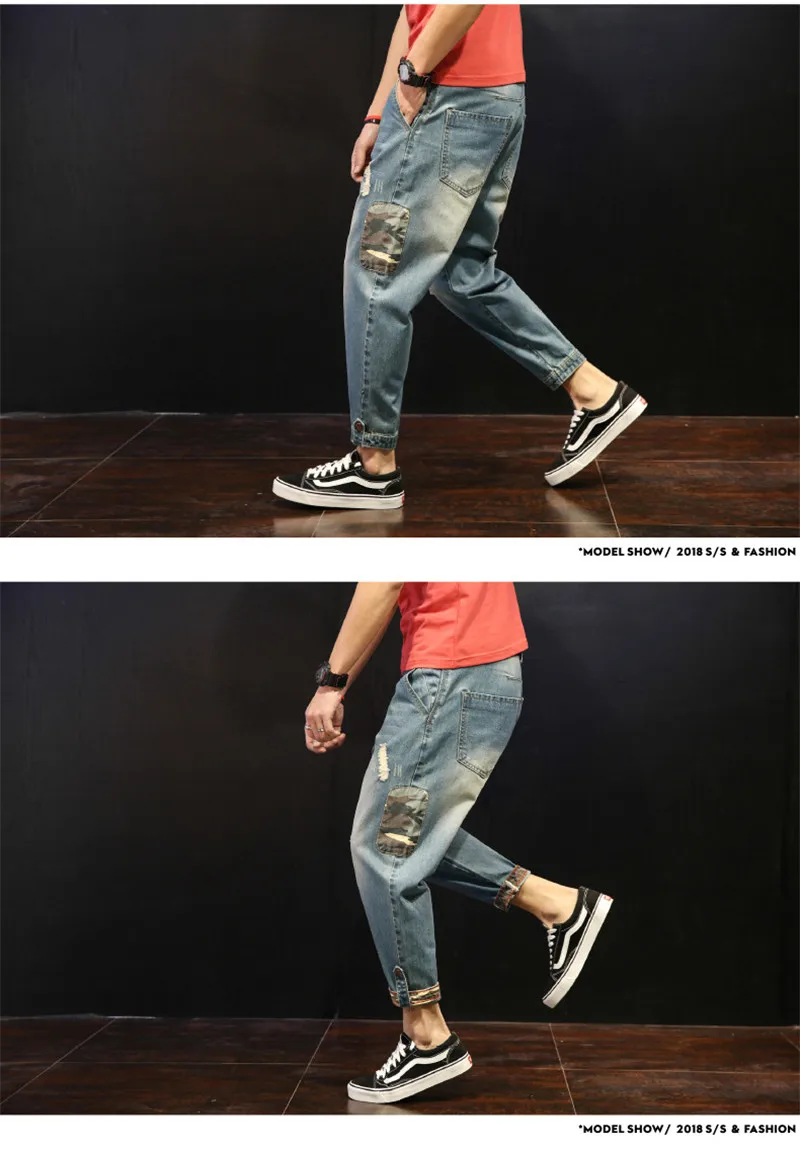 Fashion Patchwork Ripped Men\'s Jeans Boys Loose Casual Holes Ankle-Length Harem Pants Jeans Trousers Large Size (19)