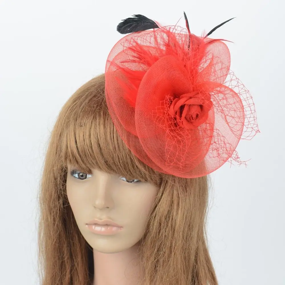 Red Wedding Hat With Veil Handmade Mesh Floral Hair Clip Holiday Party