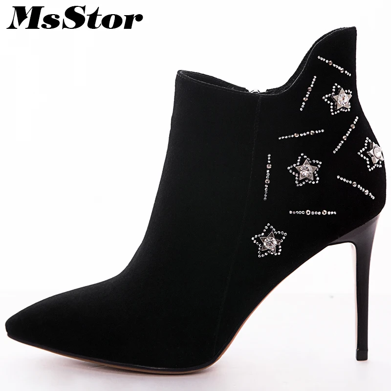 

MsStor Women Boots Pointed Toe High Heel Ankle Boots Women Shoes Zipper Crystal Stiletto heel Black Gray Boot Shoes For Girl