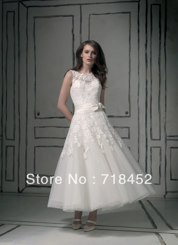 Free Shipping 2014 Tea Length Wedding Dress with Lace Keyhole Back