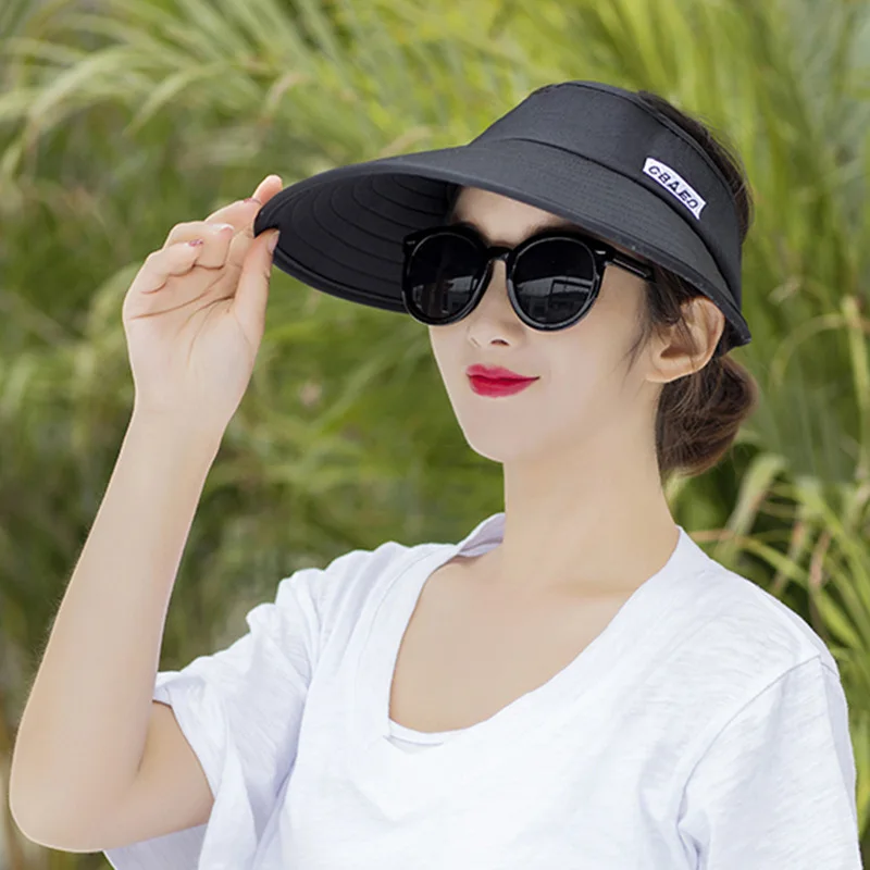 Модные козырьки для женщин складная шляпа от солнца летняя Пустой Топ шляпы с широкими полями для путешествий на открытом воздухе УФ пляжная кепка головной убор - Цвет: black