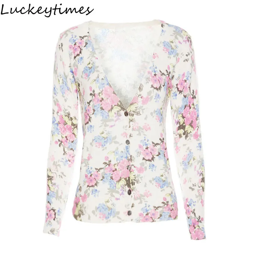 

Knitted Cardigans Women 2019 Fashion V-Neck Floral Printed Sweater Basic Jacket Female Chic Short Long Sleeves Cardigan Tops