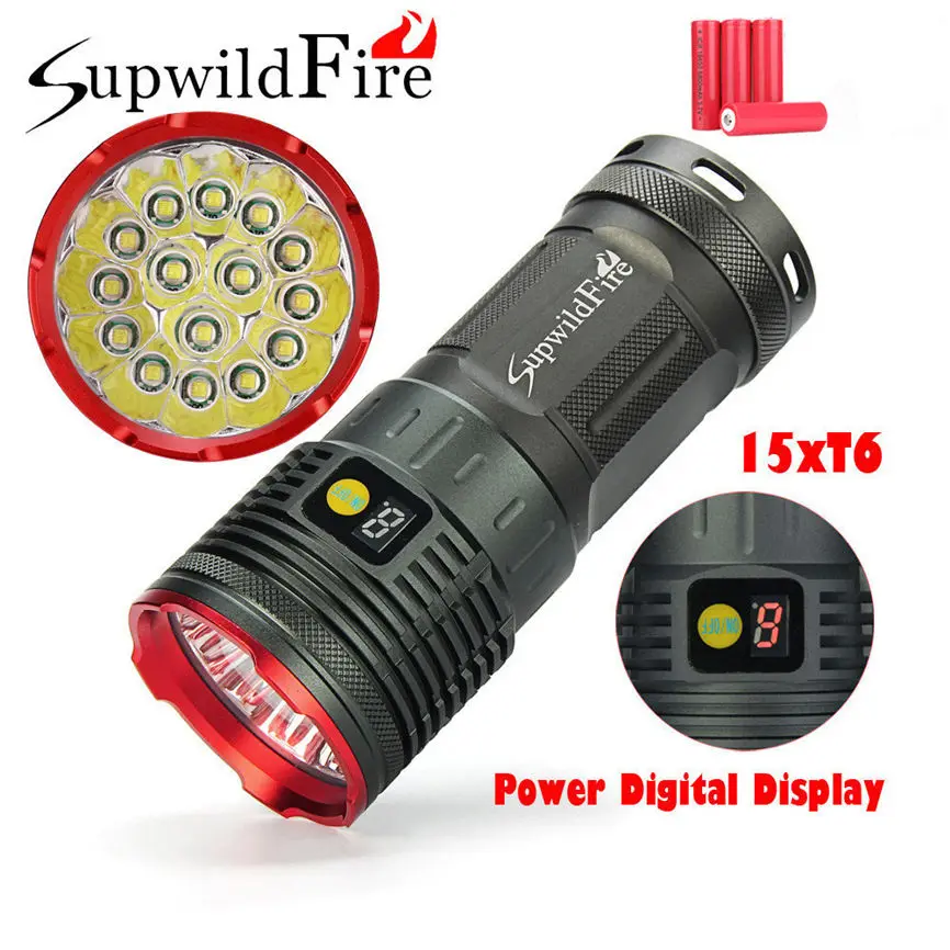 

Supwildfire 50000LM 15 x XM-L T6 LED Power&Mode Digital Display Hunting Flashlight+18650 Battery 60*60*150mm 1123