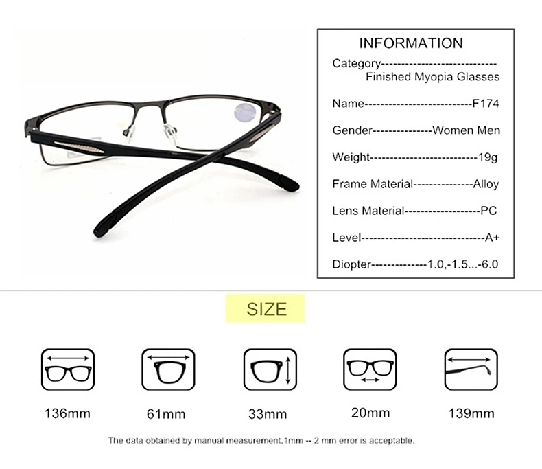 SWOKENCE Diopter-1.0 to-6.0 Finished Myopia Glasses Men Women Fashion Alloy Frame Spectacles For Myopia End Products F174