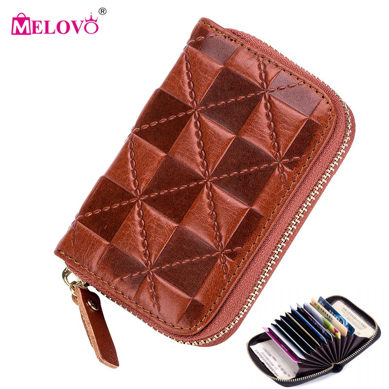 

MELOVO Men or Women's Genuine Leather Zipper Card & ID Holders Vintage Plaid Embossing Card Card Holders 37112