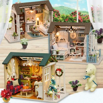 

Diy 3D Children Handmade Wooden Doll Houses Toy Assemble Furniture Miniatura Miniature Mini Doll House Led Light Home decoration