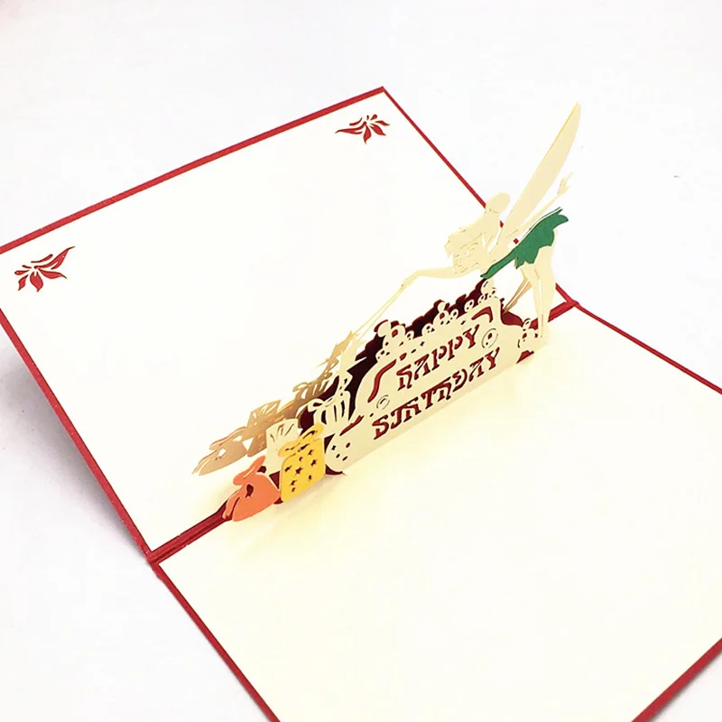 1 PCS С Днем Рождения маленькой Феи лазерная резка 3D Pop Up поздравительная открытка с конвертом Почтовые открытки приглашения для украшения для свадьбы и дня рождения