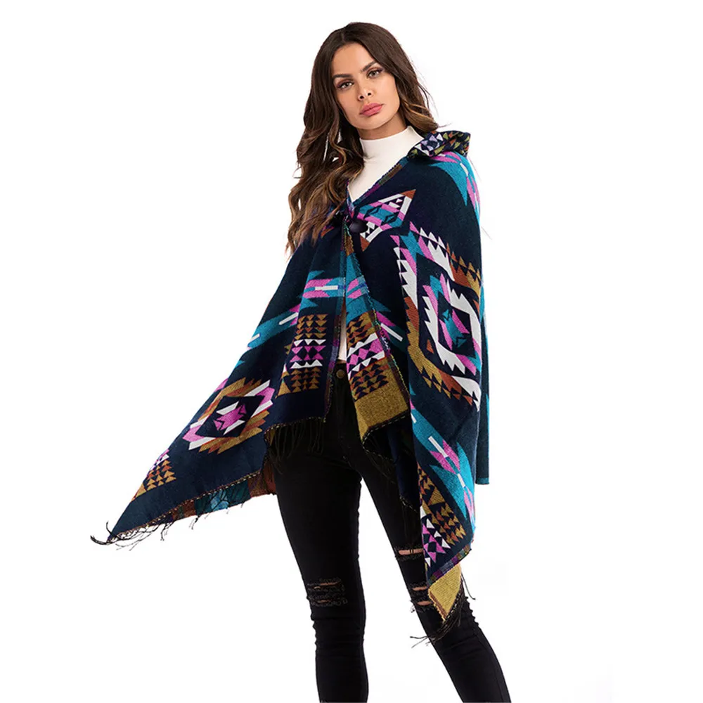 Hooded large size national wind cloak shawl geometric pattern fringed coat female
