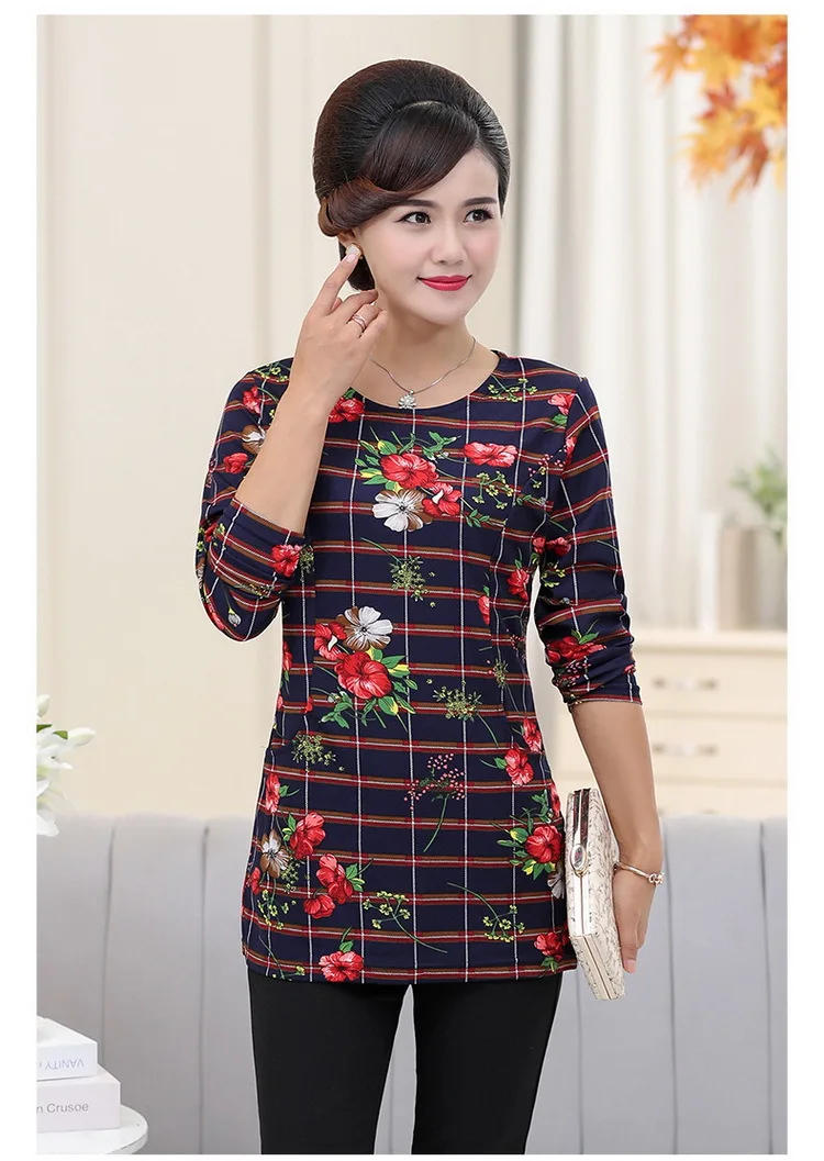 1xl-5xl пуловер Джемпер весна осень Новая женская футболка с длинным рукавом среднего возраста размера плюс топ с карманом и принтом для мамы
