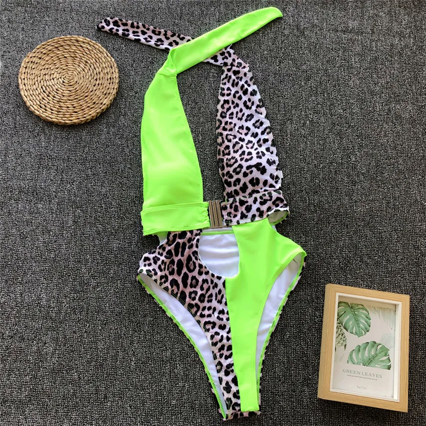 

2019 NEW Women Swimwear Leopard High Waist One Piece Swimsuit Female Splicing Bather Sexy Halter Bathing Suit Swim