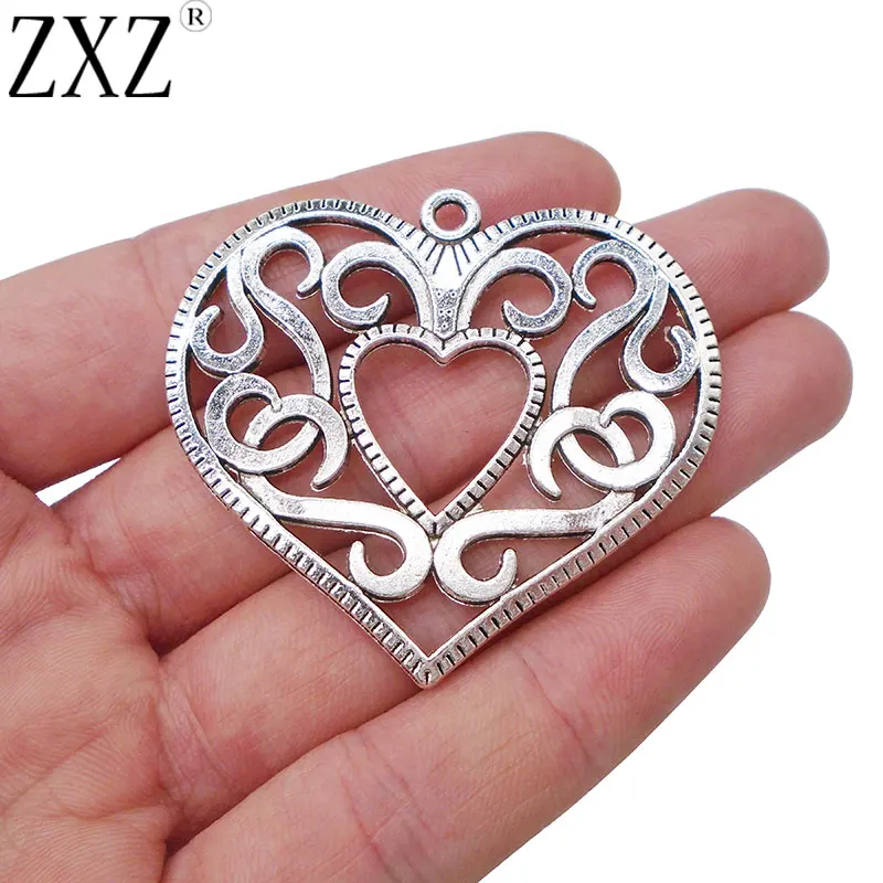 ZXZ 5pcs Antique Silver Tone Large Open Heart Double Sided Charms