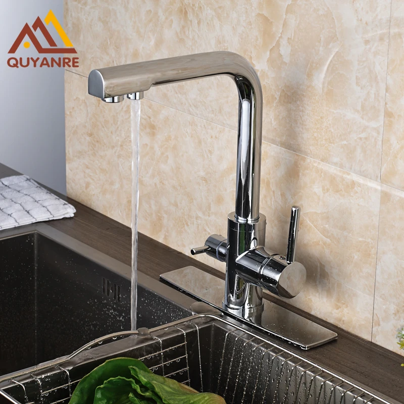 Dual Handle Single Hole Kitchen Drink Water Tap Pure Water Faucet with 10 Inch Plate Chrome
