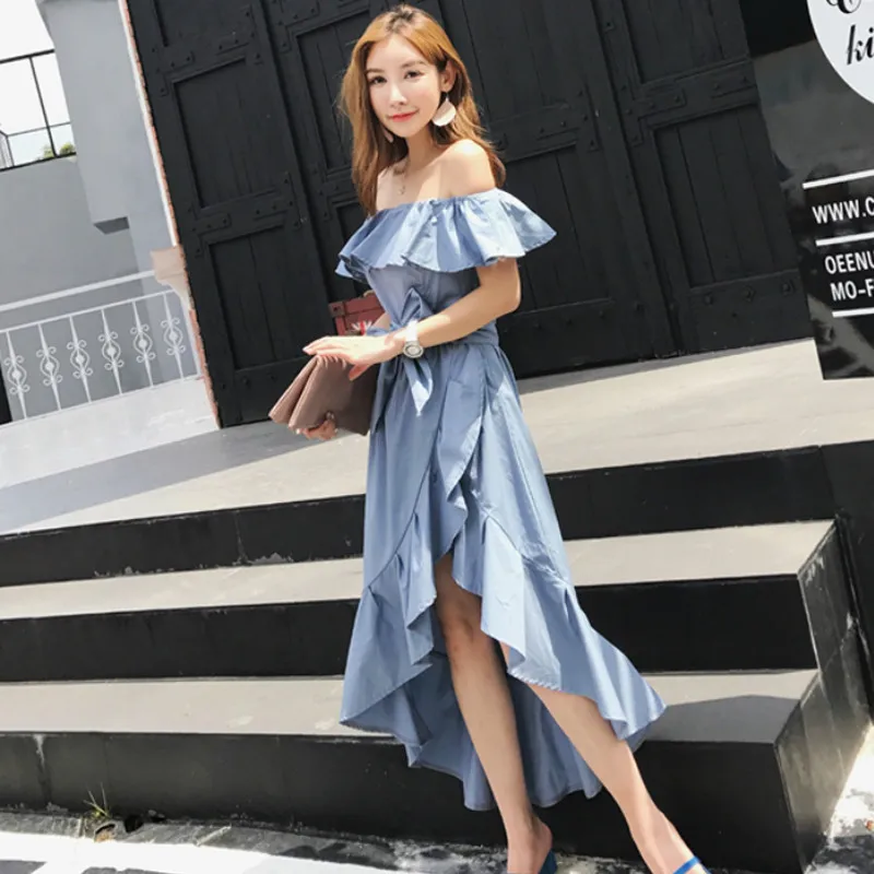 

Office lady style 2018 summer sexy slash neck short butterfly sleeve off shoulder pure color splice ruffled irregular long dress