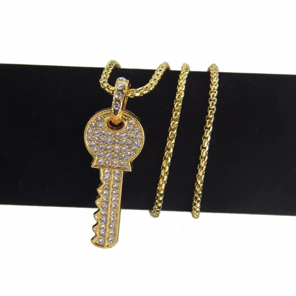 Rhinestone Key Pendant Necklace Cool Hip Hop Jewelry Iced Out Gold