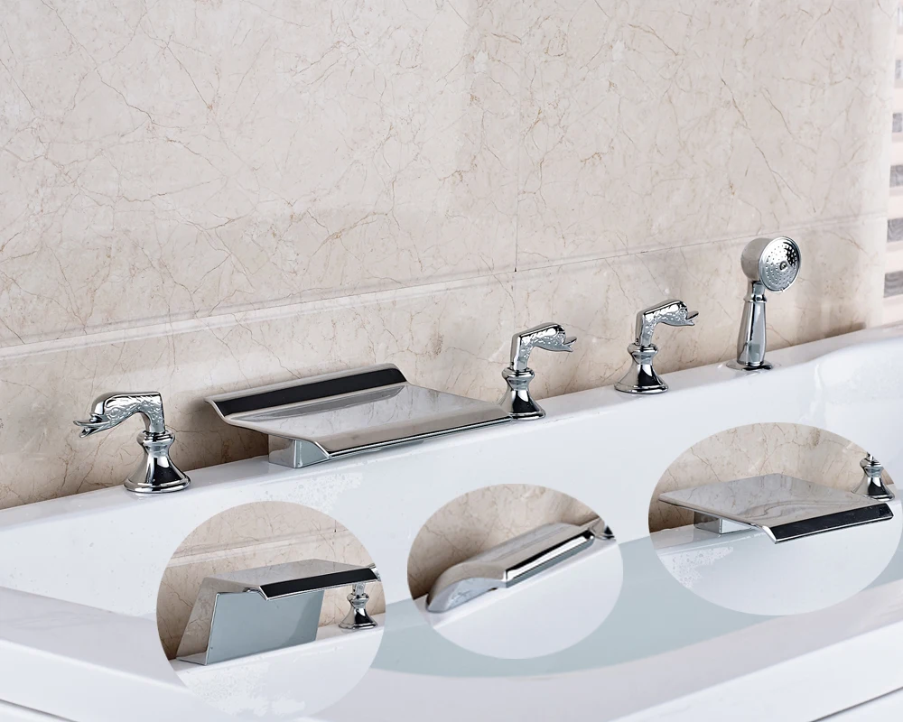 

Chrome Deck Mounted Bathtub Faucet Three Handles Widespread 5pcs Waterfall Spout Mixer Tap