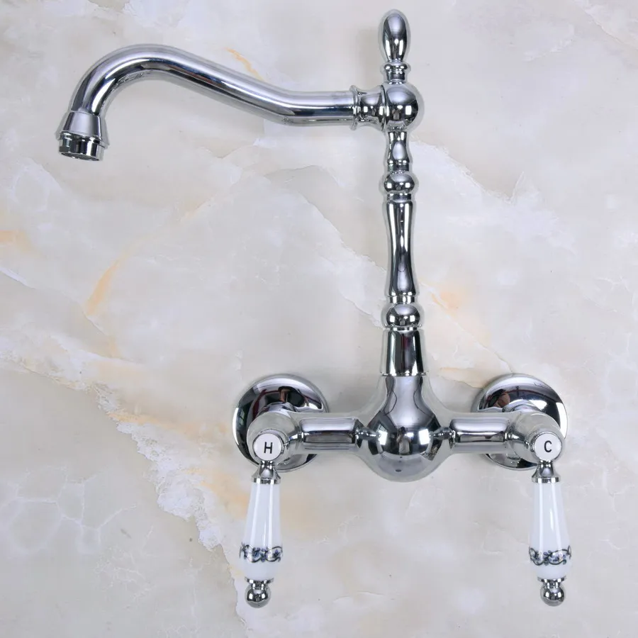 Polished Chrome Brass Wall Mounted Double Ceramic Handles Levers Bathroom Kitchen Sink Faucet Mixer Tap Swivel Spout anf958