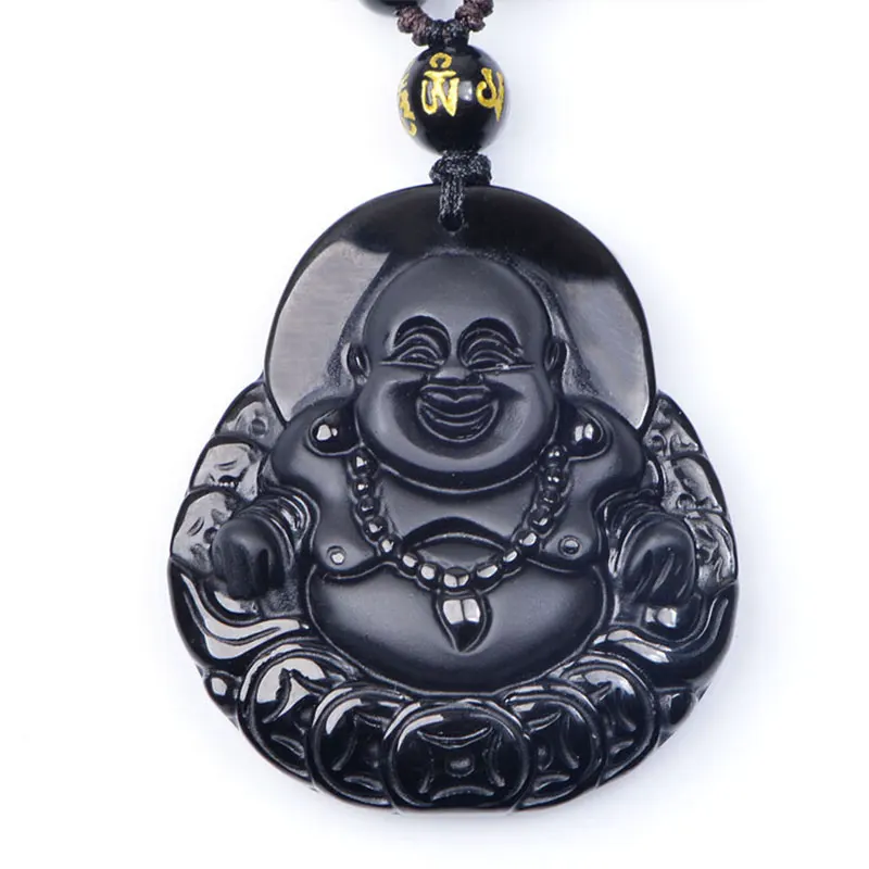 

2017 New Natural Black Obsidian Maitreya Pendants & Necklace Matte Laughing Buddha Thai lucky Women Jewelry Gift