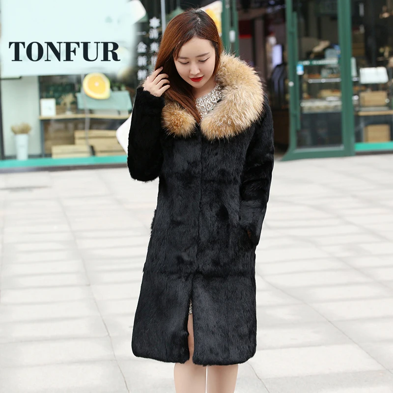 

2019 X Long Thick Warm Casual Style Full Pelt Genuine Real Rabbit Fur Coat With Natural Raccoon Fur Collar Winter Long TSR129