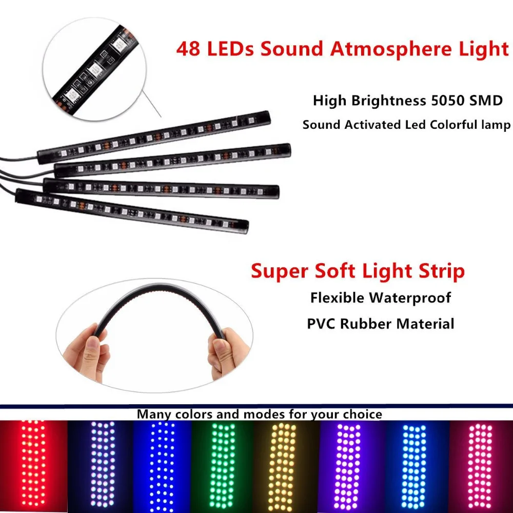 Автомобильные светодиодные полосы света 48 Светодиодный s Bluetooth App контроллер многоцветная музыка салона автомобиля освещение под приборной панели комплект освещения