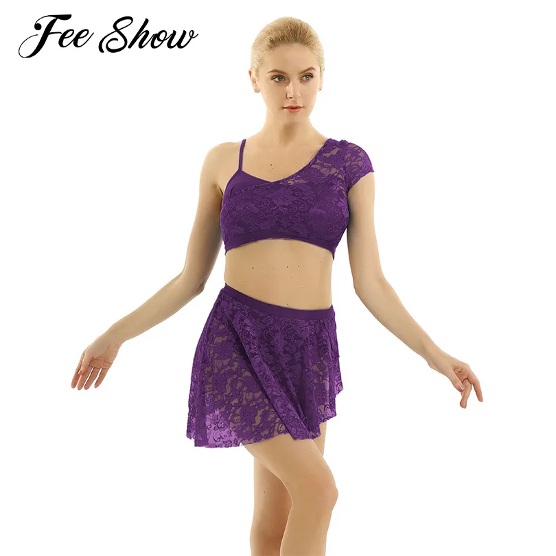 Women Latin Dance Dress Wear Lace Overlay Asymmetric Contemporary
