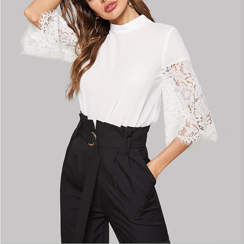 

White Lace Elegant Office Lady Blouse 2019 Autumn Winter Solid Three Quarter Stand Collar Women's Tops And Blouses Female Shirts