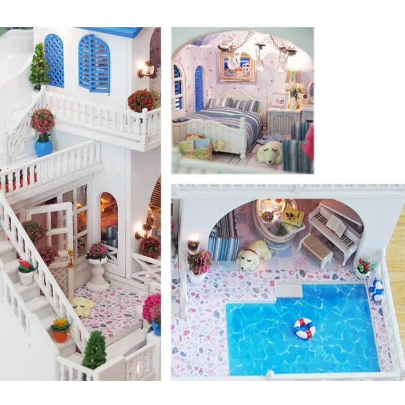 Luckstar Dollhouse Miniature DIY House Kit Creative Room Villa Mediterranean Style Perfect DIY Dollhouses With LED Lights Romantic Valentines Gift for Friends/Lovers/Families 