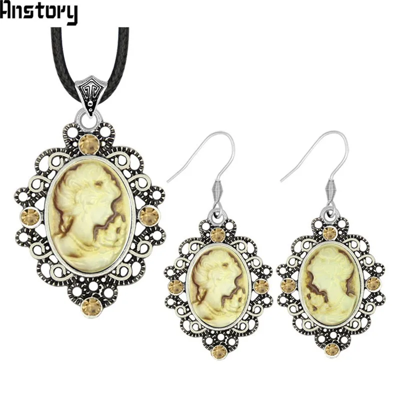 Oval Lady Queen Cameo Crystal Jewelry Set Antique Silver Plated Necklace Earrings Bracelet Fashion Jewelry TS463 - Окраска металла: Brown