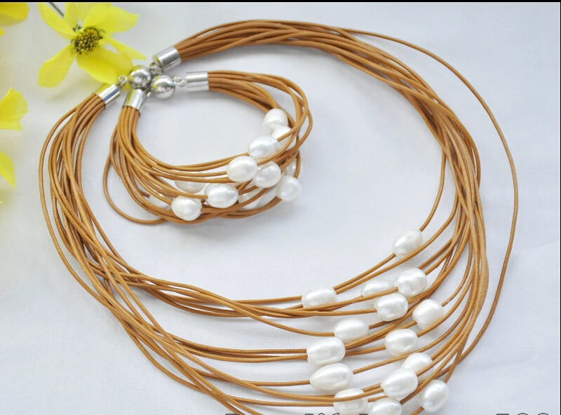 

z6970 15Strds 13mm white rice pearl coffee leather necklace & bracelet (A0423)
