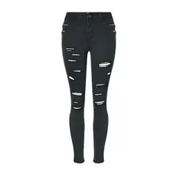 Модные проблемных упругие рваные тонкий роковой джинсы отверстие для Для женщин Повседневное тощий черный карандаш брюки джинсовые брюки