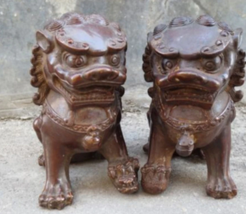 

Collect 1Pair Chinese copper Guardian Lion Foo Fu Dog Statue 12*11CM/PC free shipping