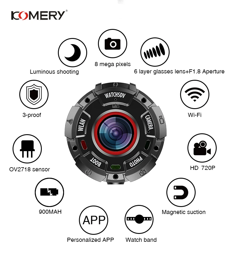 

KOMERY Sport Camera HD1080P Mini Camera Support WiFi 30M Waterproof Magnetic Suction Night Version Shooting 3-proof Watch Camera