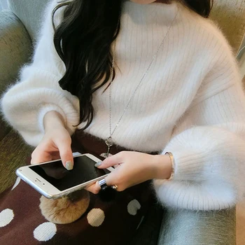 

Winter Warm Women's Elegant Half Turtleneck Hairy Crocheted Sweater Pure Color Long Lantern Sleeve Female Knitted Pullover Tops