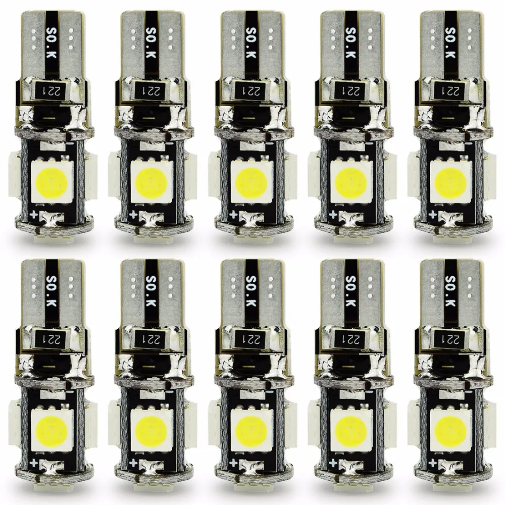 100 шт./лот Canbus T10 5050 5Smd, светодиодные автомобильные лампы, светодиодный габаритный фонарь лампы для двери автомобиля 6500 к номерной знак света белый, работающего на постоянном токе 12 В